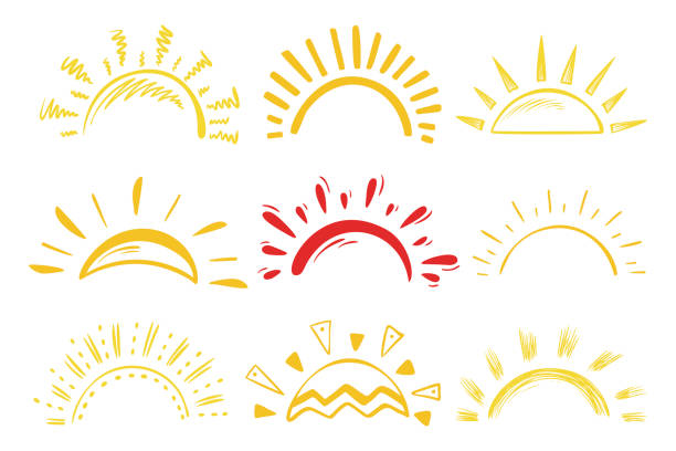 illustrazioni stock, clip art, cartoni animati e icone di tendenza di set vettoriale icone sole. doodle soli diversi - energia solare illustrazioni