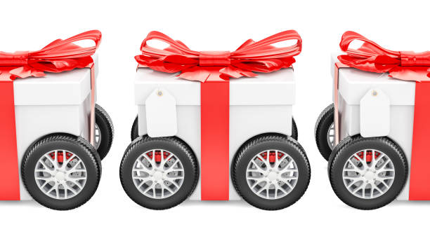 Gift boxes on wheels, gift delivery concept. 3D rendering isolated on white background