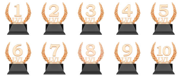 istock Golden trophy level cups first, second, third, fourth, fifth, sixth, seventh, eighth, ninth, tenth. 3D rendering 913178328