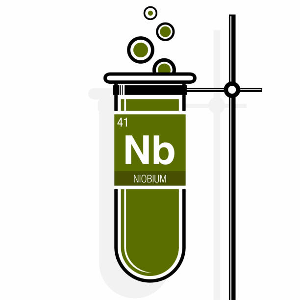 ilustraciones, imágenes clip art, dibujos animados e iconos de stock de símbolo de niobio de etiqueta en un tubo de ensayo verde con soporte. elemento número 41 de la tabla periódica de los elementos - niobium