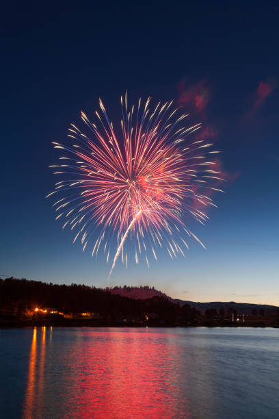 istock Celebration Fireworks Display Over a Mountain Lake at Dusk 913179738