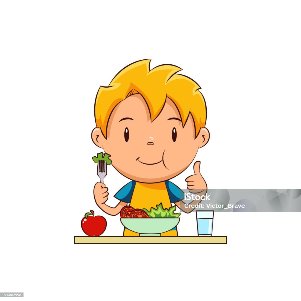 Kid Eating Salad Stock Illustration - Download Image Now - Child ...