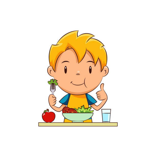Kid eating salad Child eating salad, cute kid, eat, vegetables, healthy food, vegan, lettuce, tomato, apple, glass of water, diet, young man, person, happy cartoon character, vector illustration, isolated, white background lunch clipart stock illustrations
