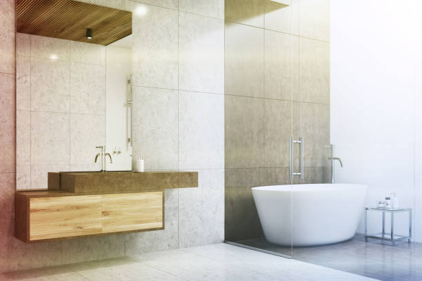 istock Gray and white bathroom corner toned 913186584