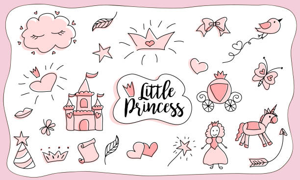rysunki dla dzieci. mała księżniczka. zestaw doodle ilustracji, ręcznie rysowane. - child vector birthday celebration stock illustrations