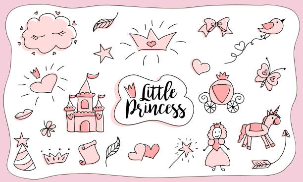 Children's drawings. Little Princess. Set of doodle illustration, hand drawn. Sketch design for cute party (baby shower, girl birthday) isolated on white background. Pink with black outlines. Love little cute cartoon fantasy unicorn stock illustrations