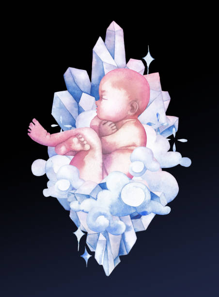 ilustraciones, imágenes clip art, dibujos animados e iconos de stock de acuarela infantil rodeado de nubes, cristales y brillos - human pregnancy flash