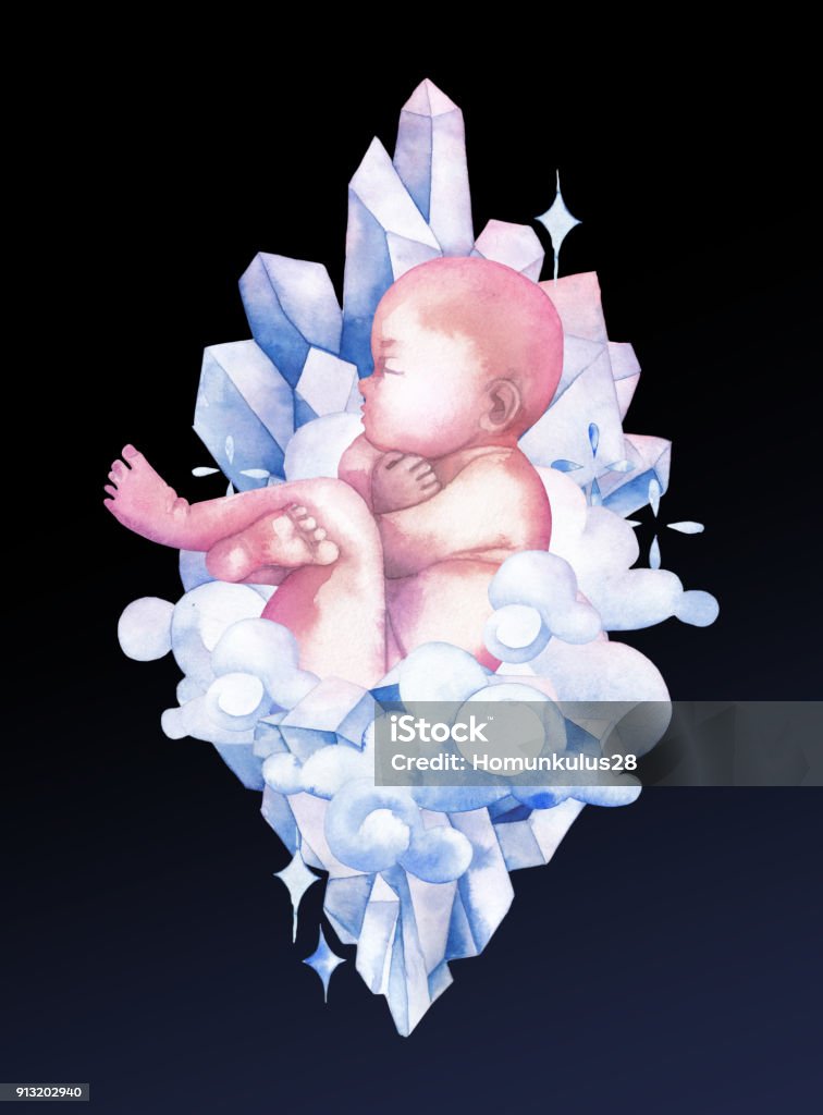Watercolor child surrounded by clouds, crystals and sparkles Watercolor child in the fetal position with closed eyes surrounded by fantasy sparkles. The miracle of birth. Cute conceptual art in pastel colors isolated on the white background Adoption stock illustration