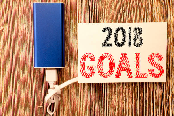 istock Conceptual hand writing text caption inspiration showing 2018 Goals. Business concept for financial planning, business strategy written on sticky note old wood wooden background with power bank 913203360