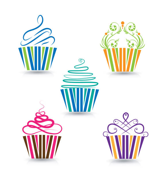 ilustrações, clipart, desenhos animados e ícones de conjunto de ícones de feliz aniversário cupcakes coloridos - cupcake