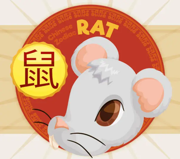 Vector illustration of Cute Head of a Rat with Label for Chinese Zodiac