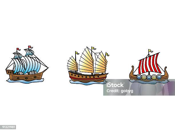 Trzy Stary Styl Statki - Stockowe grafiki wektorowe i więcej obrazów Okręt Wikingów - Okręt Wikingów, Chiny, Hiszpania