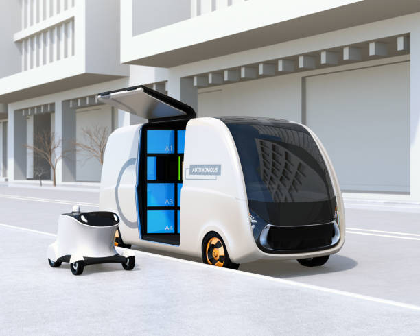 self-driving delivery van and drone in the street - transportation delivering land vehicle car imagens e fotografias de stock