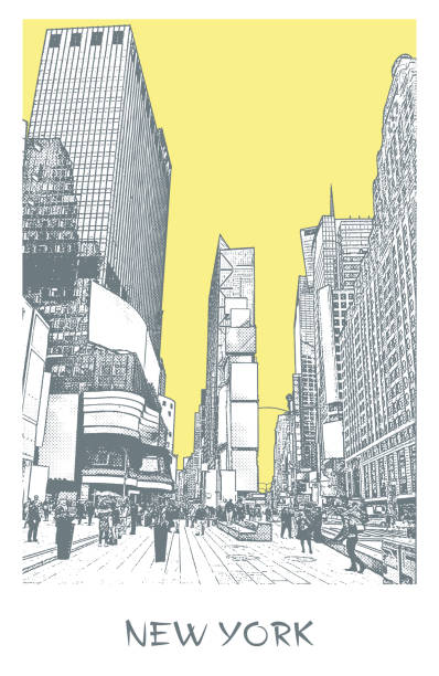 ilustraciones, imágenes clip art, dibujos animados e iconos de stock de ciudad de nueva york, times square. ilustración de vector de una calle en el centro de estilo de grabado. - times square