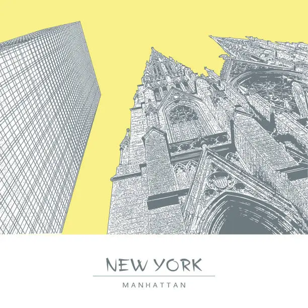 Vector illustration of New York. The Cathedral of St. Patrick and a skyscraper in Manhattan. Vector illustration in engraving style.