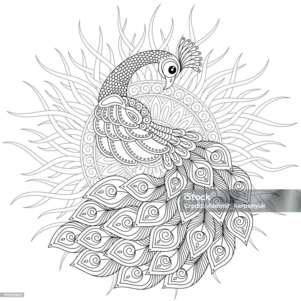 Peacock  Adult antistress coloring page. . Adult antistress coloring page. Black and white hand drawn doodle for coloring book Abstract stock vector
