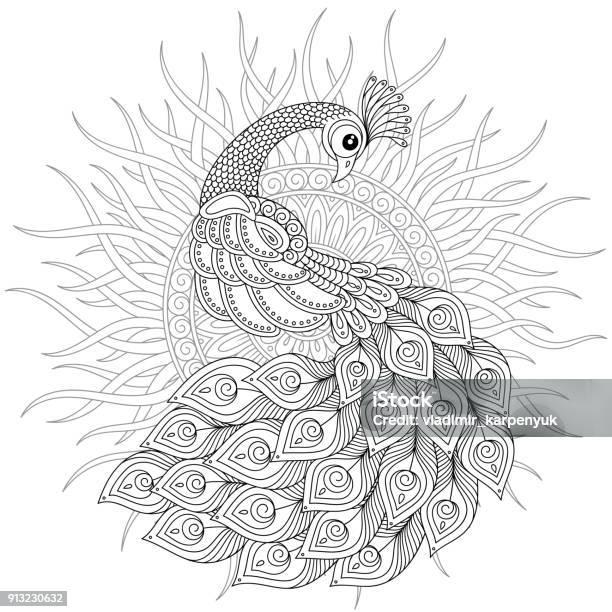 Peacock Adult Antistress Coloring Page Stock Illustration - Download Image Now - Abstract, Animal, Animal Wildlife