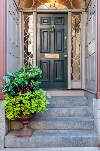 istock Front door, black front door with potted plants 913230644