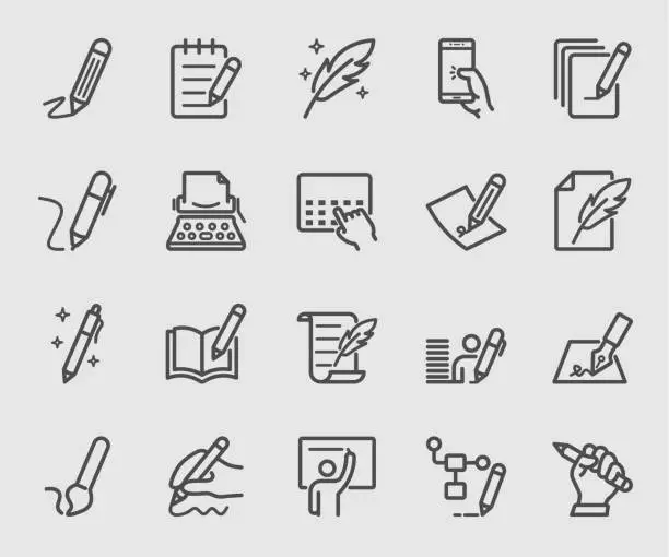 Vector illustration of Writing, Signature, Note line icon set