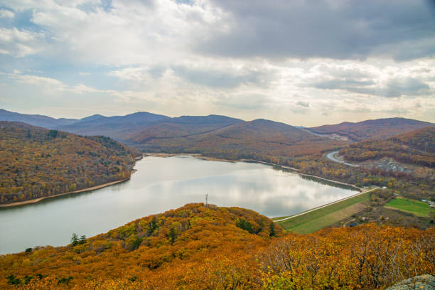 istock a large reservoir, top view. autumn forest and high blue sky, 913234228