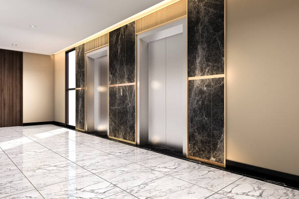 istock 3d rendering modern steel elevator lift lobby in business hotel with luxury design 913237326