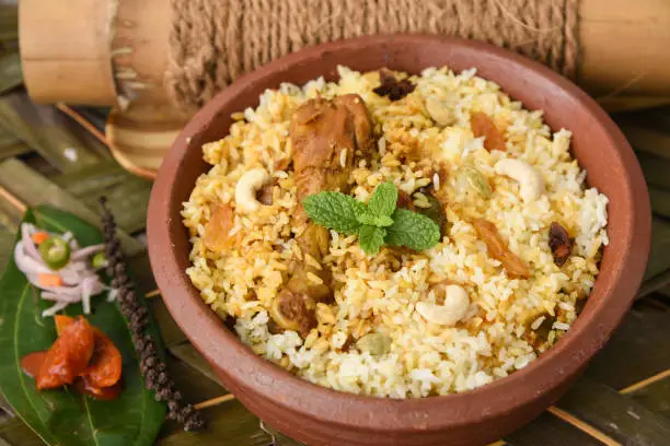 Biryani or biriyani Indian dish cooked basmati rice. Popular food in Hyderabad and Kerala