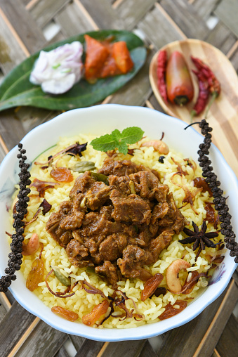 Biryani or biriyani Indian dish cooked basmati rice. Popular food in Hyderabad and Kerala