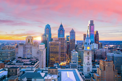 Skyline of downtown Philadelphia at sunset USA