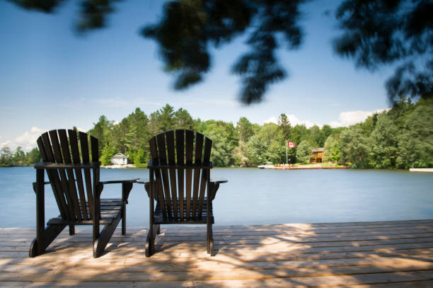 istock Adirondack chairs facing calm blue water 913245762