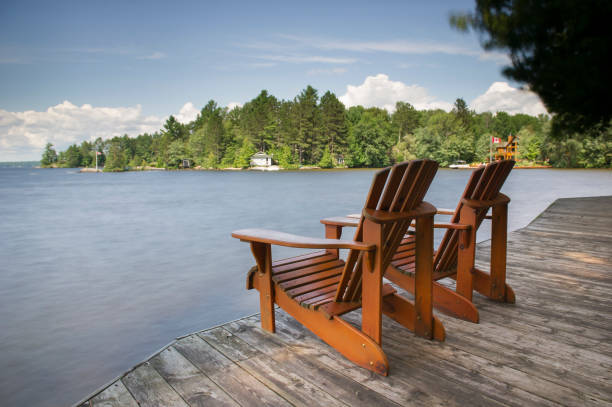 istock Adirondack chairs on a dock facing blue water and cloudy sky 913245994