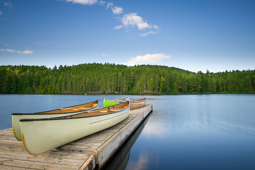 Canoes on a wooden dock in Algonquin Provincial Park
