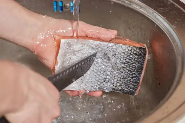 Photo of Hands washing and cleaning salmon fish over kitchen sink