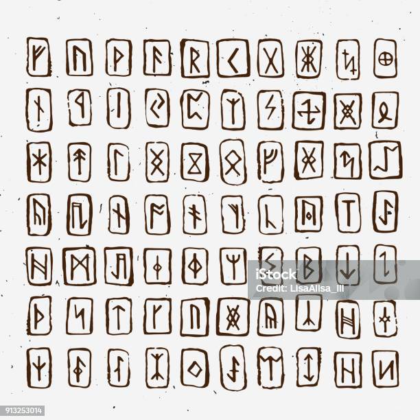 Set Of Old Norse Scandinavian Runes Carved In Wood Runic Alphabet Futhark Ancient Occult Symbols Vikings Letters On White Rune Font Vector Illustration With Light Texture Ancient Norse Letter Stock Illustration - Download Image Now