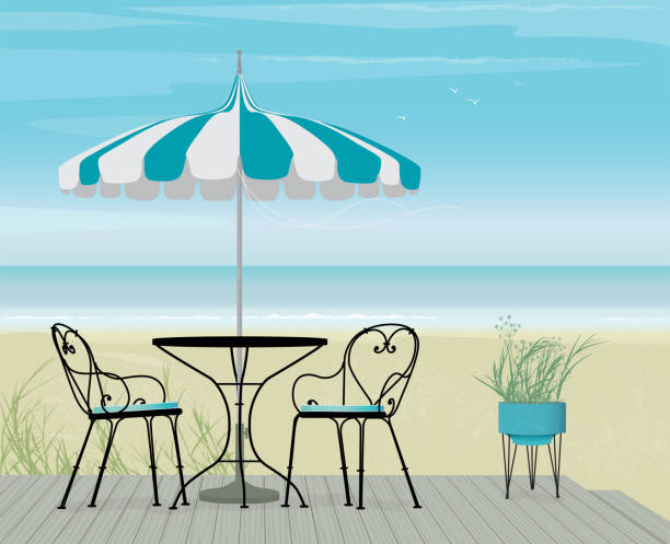 ilustrações de stock, clip art, desenhos animados e ícones de summer background of striped teal parasol and bistro table on boardwalk - bar chairs