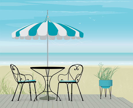 Summer Scene Bistro Table and Pagoda Patio Umbrella on a breezy day at the beach. Boardwalk, sand and sea with flock of birds. Easy edit layered file.