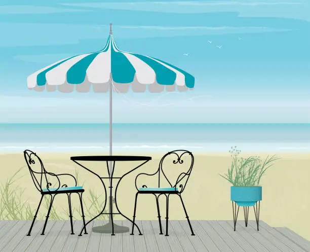 Vector illustration of Summer background of Striped Teal Parasol and Bistro Table on Boardwalk