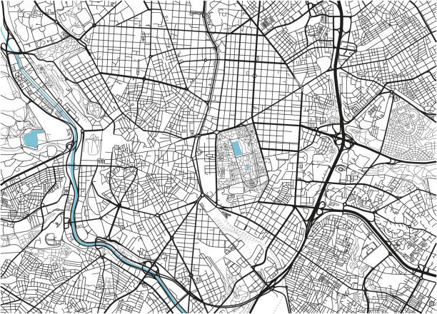 ilustraciones, imágenes clip art, dibujos animados e iconos de stock de blanco y negro vector mapa de la ciudad de madrid con capas separadas bien organizadas. - madrid