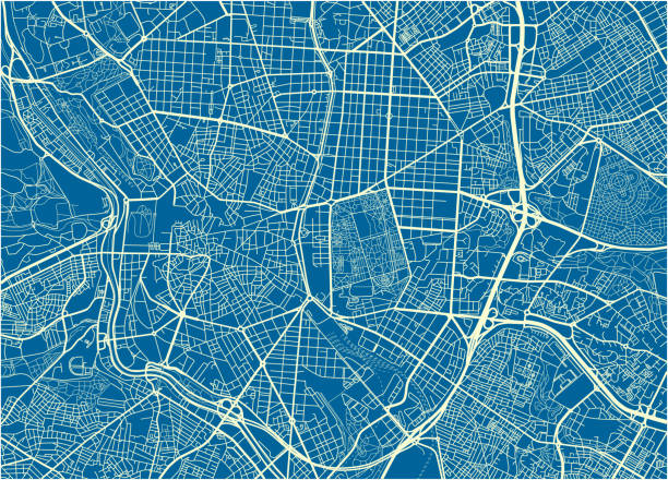 ilustrações de stock, clip art, desenhos animados e ícones de blue and white vector city map of madrid with well organized separated layers. - madrid