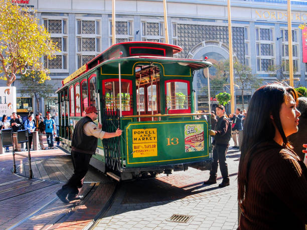 San Francisco, Ca: Workers turn cable car around on railway turntable at Powell street on Nov 12, 2007 in San Francisco.  This mechanical public transport is in service since 1873.