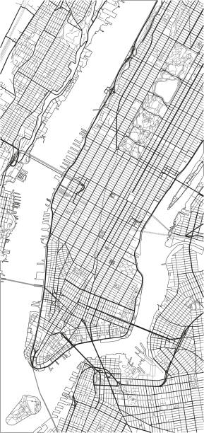 ilustrações de stock, clip art, desenhos animados e ícones de black and white vector city map of new york with well organized separated layers. - manhattan