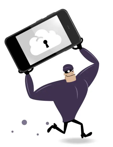 Vector illustration of Thief (bandit, mugger) stealing smart phone (mobile phone) and running (computer hacker)