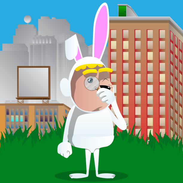 ilustraciones, imágenes clip art, dibujos animados e iconos de stock de niño disfrazado de conejo de pascua con una lupa. - easter rabbit baby rabbit mascot