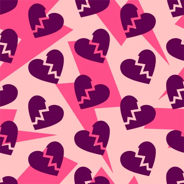 Vector illustration of Broken hearts pattern. Thunder bolts on pink background. Divorce break split.