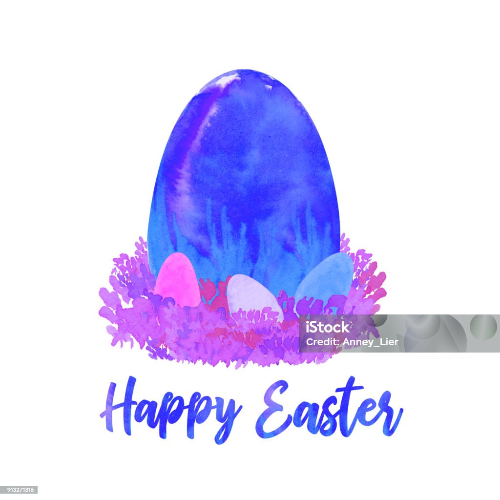 blue watercolor egg in violet nest with Happy Easter wishes Abstract stock illustration