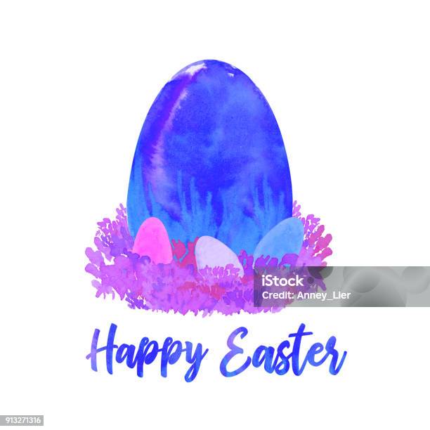 Blue Watercolor Egg In Violet Nest With Happy Easter Wishes Stock Illustration - Download Image Now