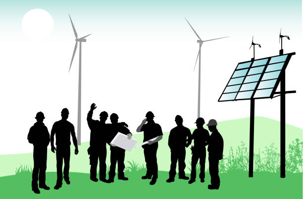 Green Energy Excitement Large group of blue collar workers standing in front of green energy alternatives such as solar panels and wind turbines blueprint silhouettes stock illustrations