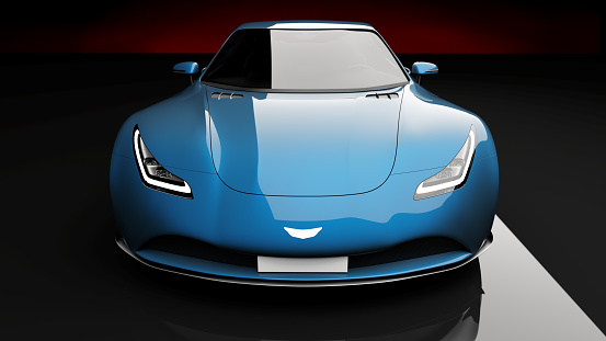 blue sports car on black background, photorealistic 3d render, generic design, non-branded