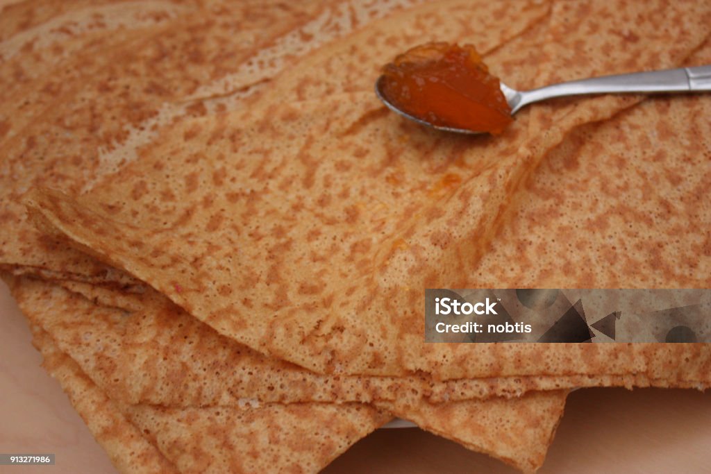 Pancakes with wheat flour Pancakes with wheat flour  Apricot jam Afternoon Tea Stock Photo