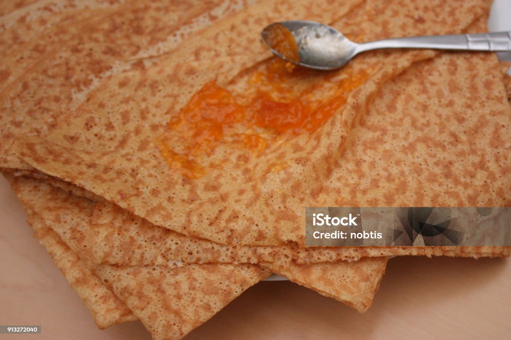 Pancakes with wheat flour Pancakes with wheat flour  Apricot jam Afternoon Tea Stock Photo