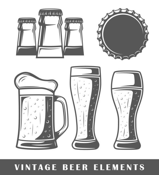elementy piwa vintage - beer bottle beer bottle bottle cap stock illustrations